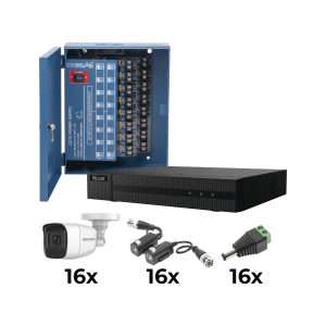 KIT TurboHD 1080p / DVR 16 Canales / 16 Cámaras Bala Policarbonato con Microfono (exterior 2.8 mm) / Transceptores / Conectores / Fuente de Poder Profesional
