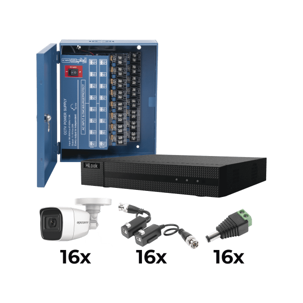 KIT TurboHD 1080p / DVR 16 Canales / 16 Cámaras Bala Policarbonato con Microfono (exterior 2.8 mm) / Transceptores / Conectores / Fuente de Poder Profesional