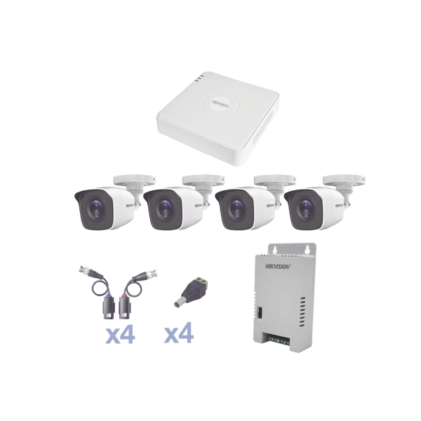 KIT TurboHD 1080 Lite / DVR 4 Canales / 4 Cámaras Bala (exterior 2.8 mm) / Transceptores / Conectores / Fuente de Poder Profesional