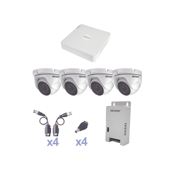 KIT TurboHD 720p / DVR 4 Canales / 4 Cámaras Eyeball 92° visión (exterior) / Transceptores / Conectores / Fuente de Poder Profesional