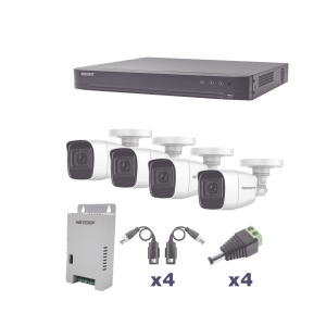 KIT TurboHD 1080p / DVR 4 Canales / 4 Cámaras Bala Policarbonato con Audio Integrado (exterior 2.8 mm) / Transceptores / Conectores / Fuente de Poder Profesional