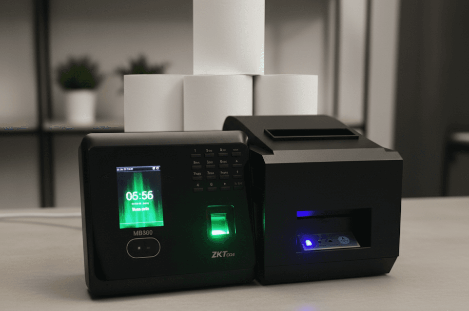 Reloj checador para comedor con rollos térmicos.